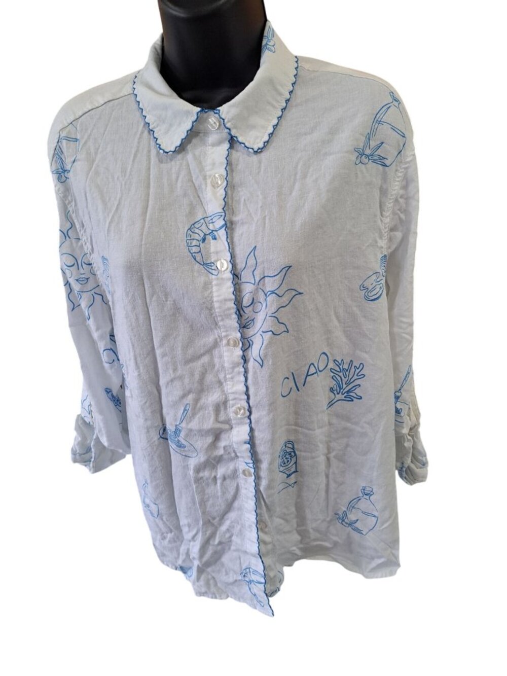 Jane + Delancey XL White Blue  Button-Up Shirt Long Roll Tab Sleeve Scalloped